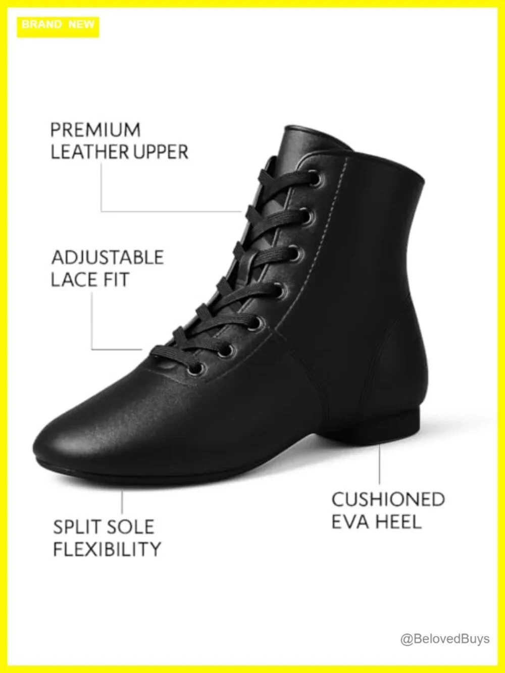 High Top Black Jazz Boots Lace Up Split Sole Flat Premium Leather Dancing Shoes